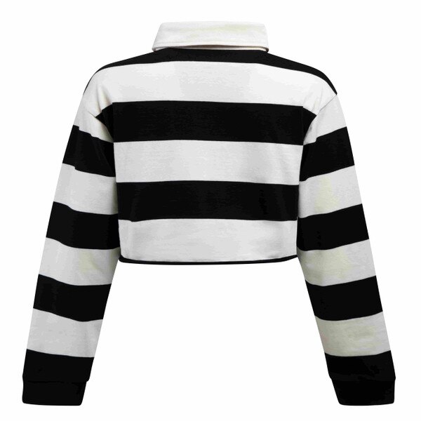 Back of striped collared cropped black and white shirt.